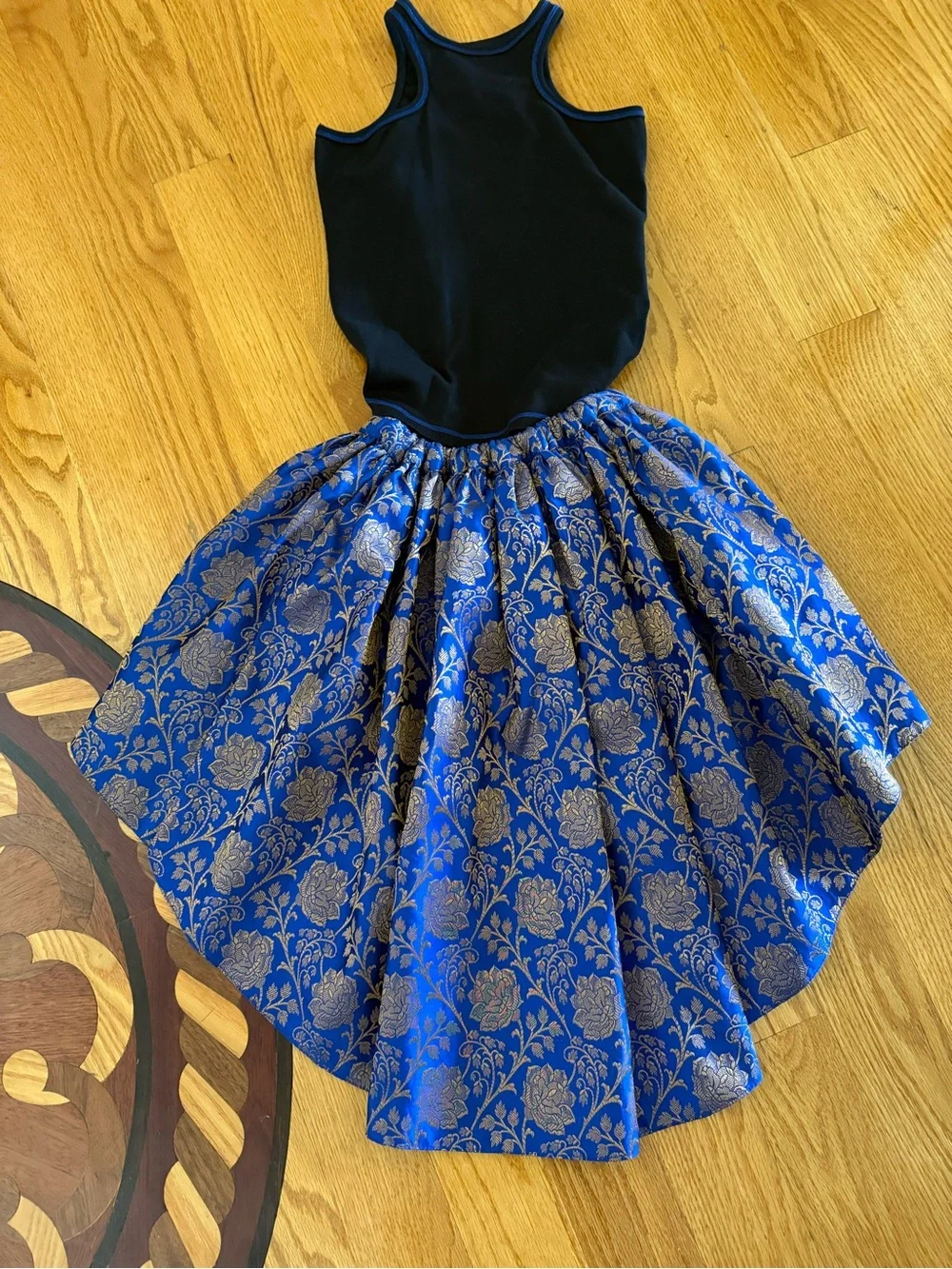 Girls' Navy Blue & Black High-Low Formal Dress with Embellished Bodice